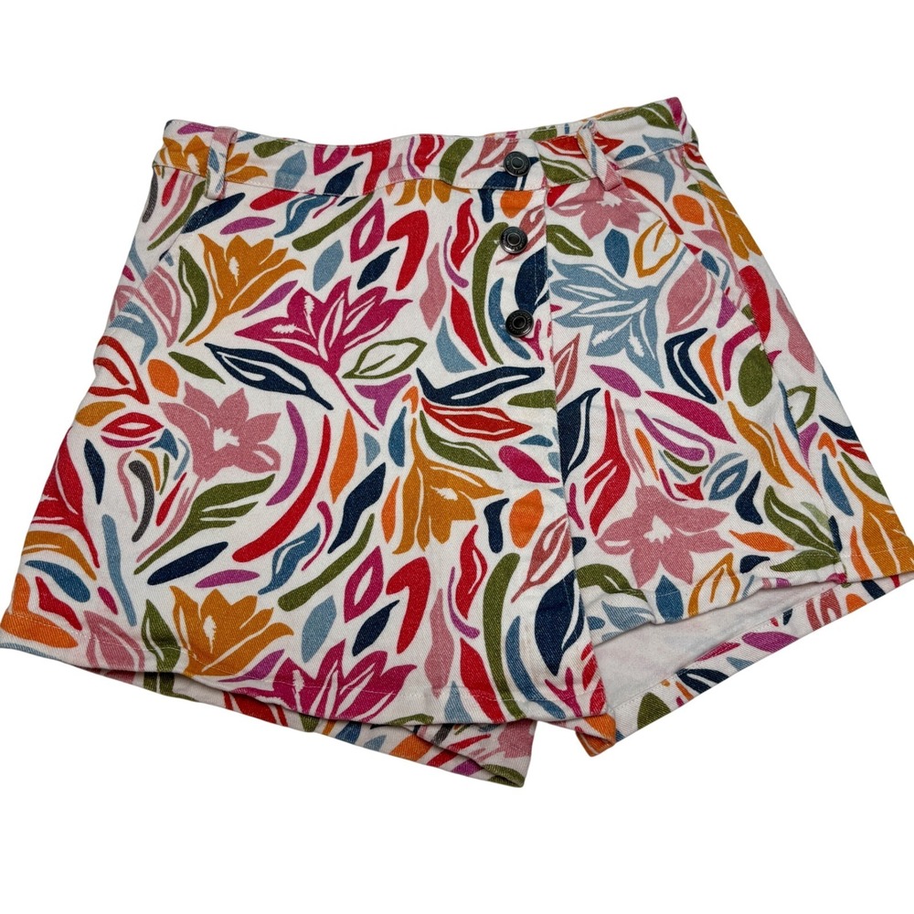 Small Skort Asymmetrical‎ Button Accent Boho Abstract Shorts Skirt Floral